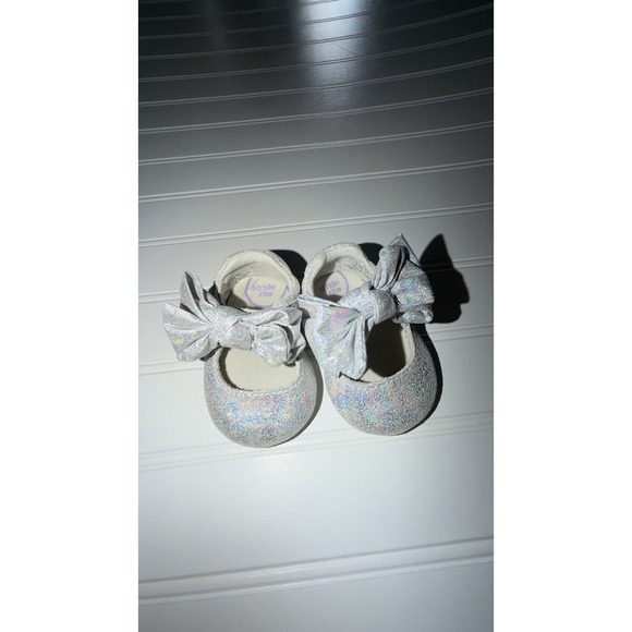 Stride Rite Other - Stride Rite Esme Silver Holographic Glitter Bow Mary Jane Shoes Baby Girls 1M